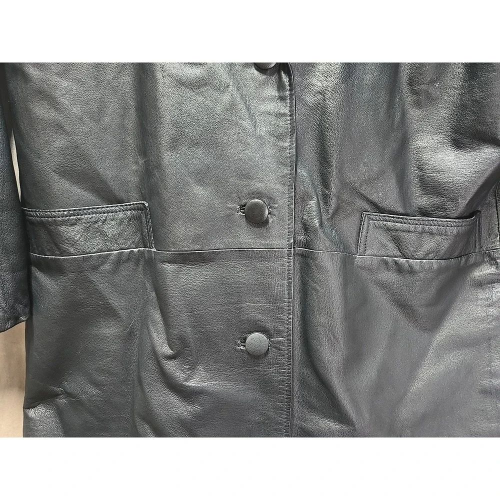 Vintage 90s Women Comint Black Leather Longline Trench‎ Coat Medium Oversized